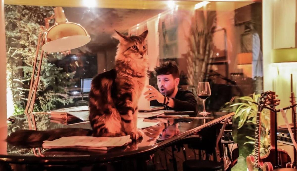 Pablo López disftuta de largas noches en su estudio de grabación, acompañado de su gato