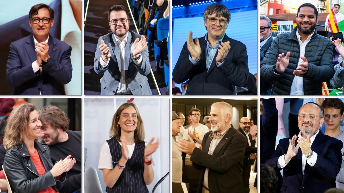 Salvador Illa, Pere Aragonès, Carles Puigdemont, Ignacio Garriga, Laia Estrada, Jéssica Albiach, Carlos Carrizosa y Alejandro Fernández