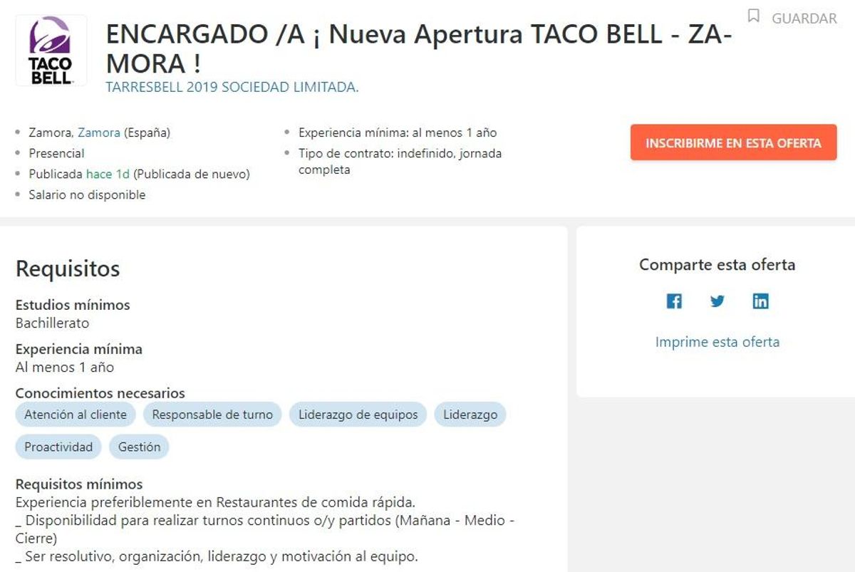 Oferta que se puede encontrar en el portal de empleo InfoJobs