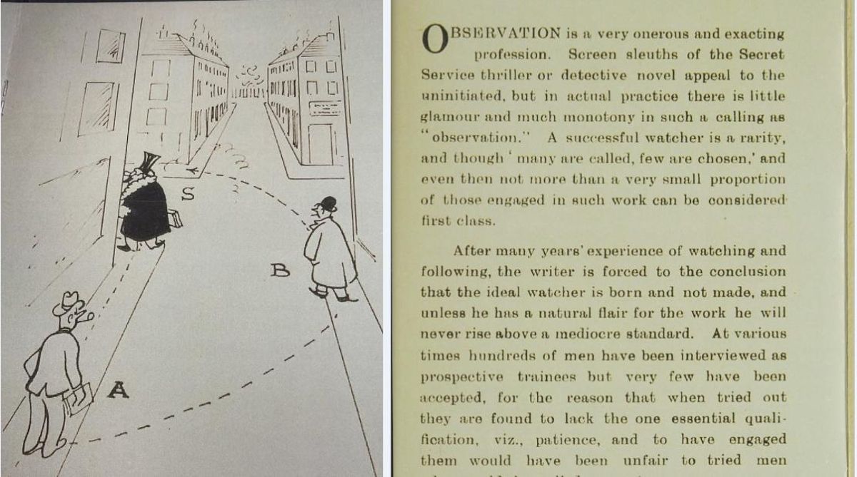 Si el perseguido dobla la esquina... ilustración e introducción de Observation, el folleto de instrucción del MI5