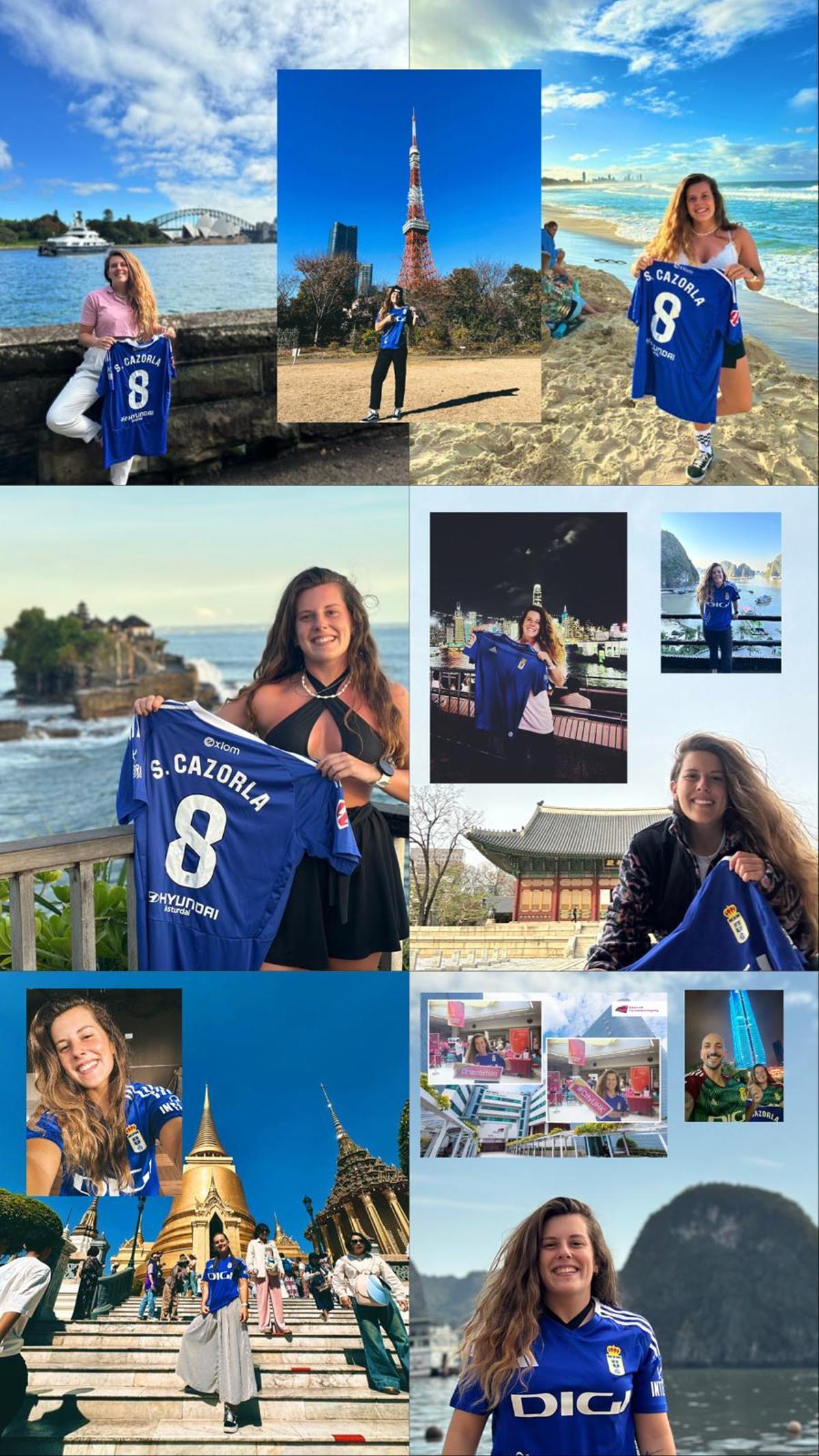 Un collage de imágenes de los distintos viajes de Laura Díaz por Asia y siempre con la camiseta del Oviedo.