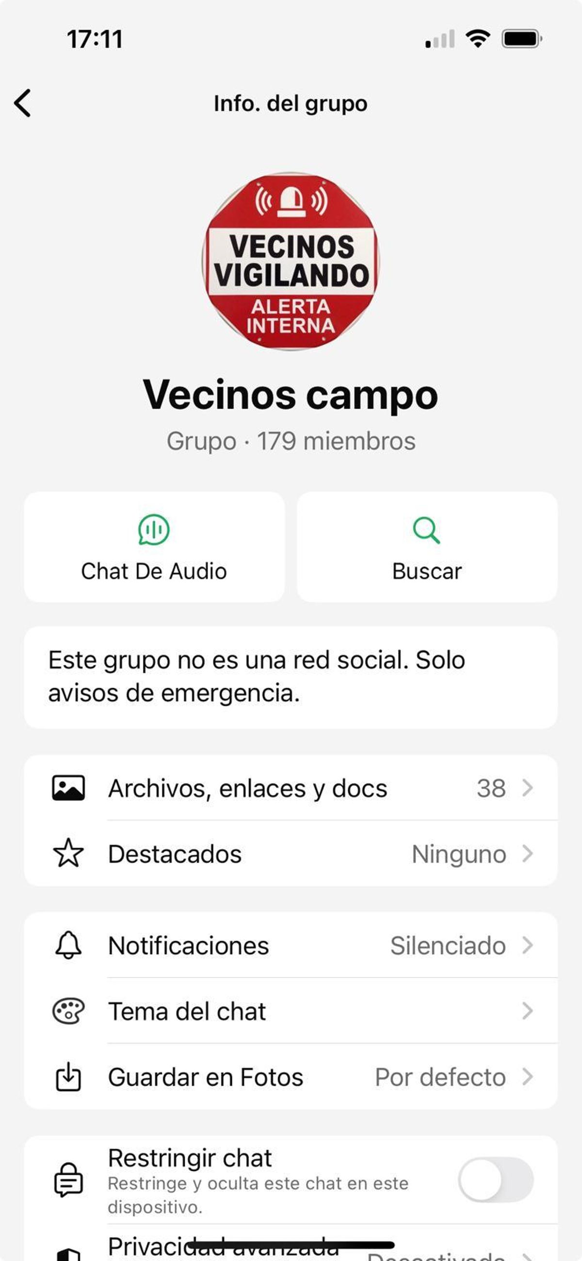 Información básica del grupo de Whatsapp donde los vecinos se dan avisos de emergencia en Crevillent