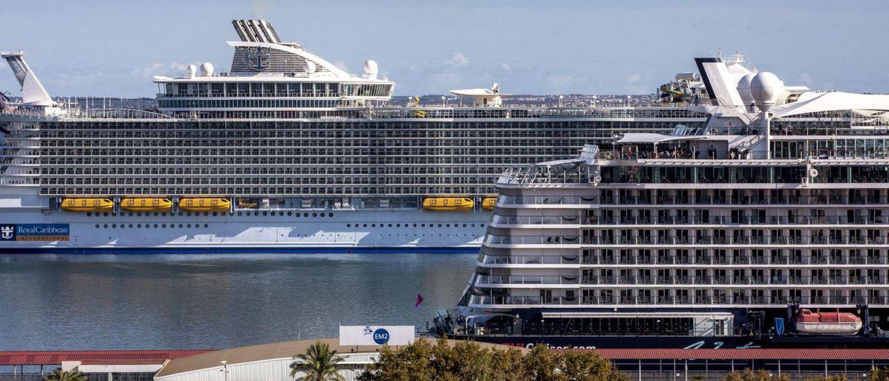 Dos de los megacruceros, que el Govern pide restringir, anclados en el puerto de Palma. | B.RAMON