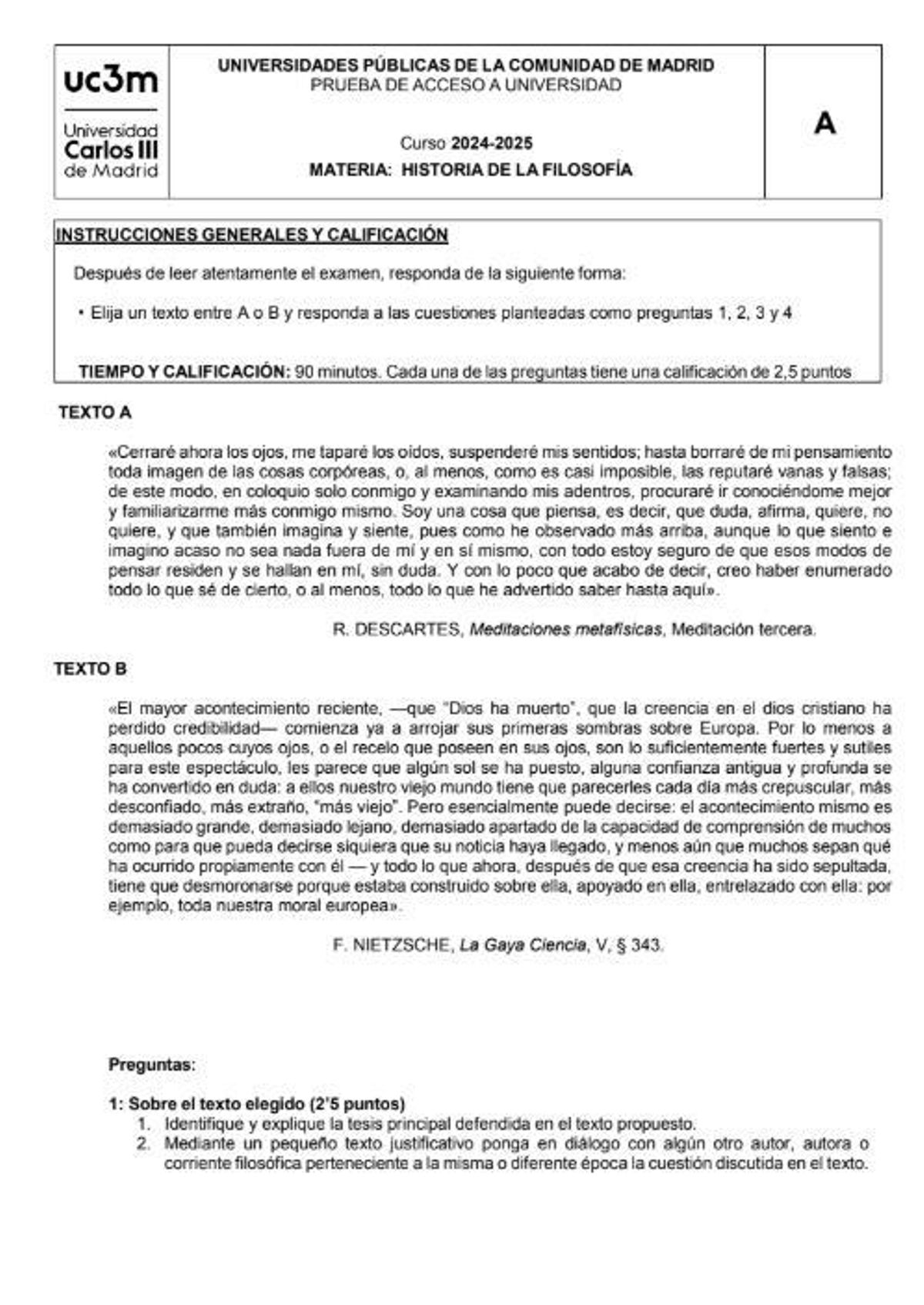 Examen de Historia de la Filosofía de la PAU extraordinaria de Madrid