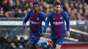 Messi y Dembélé, en el partido del Barça contra el Levante en el Camp Nou.