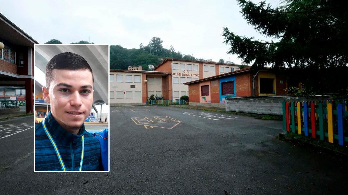 Instalaciones del colegio José Bernardo de Sama, con la cancha al fondo. En el recuadro, Francisco José Doldán