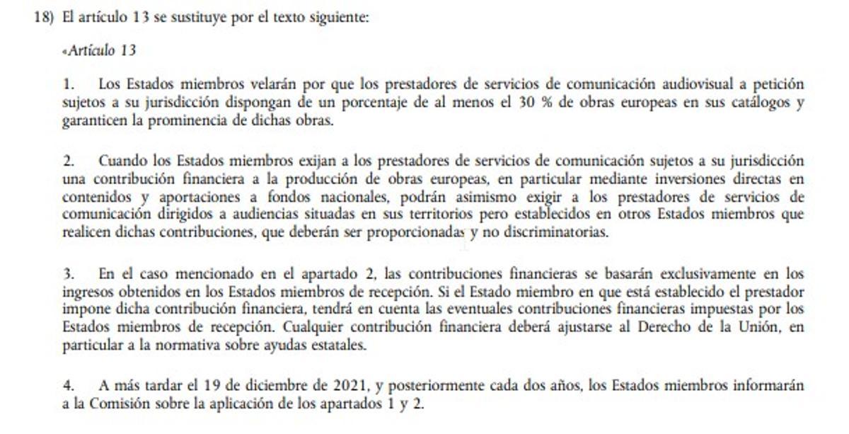 El artículo 13 de la directiva comunitaria sobre comunicación audiovisual de 2018 que enfrenta a Gobierno y ERC.