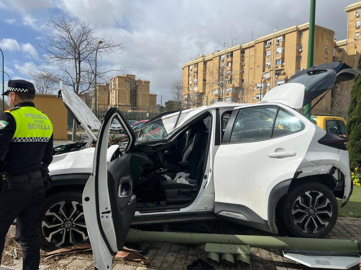 Imagen del coche y los restos de la palmera.