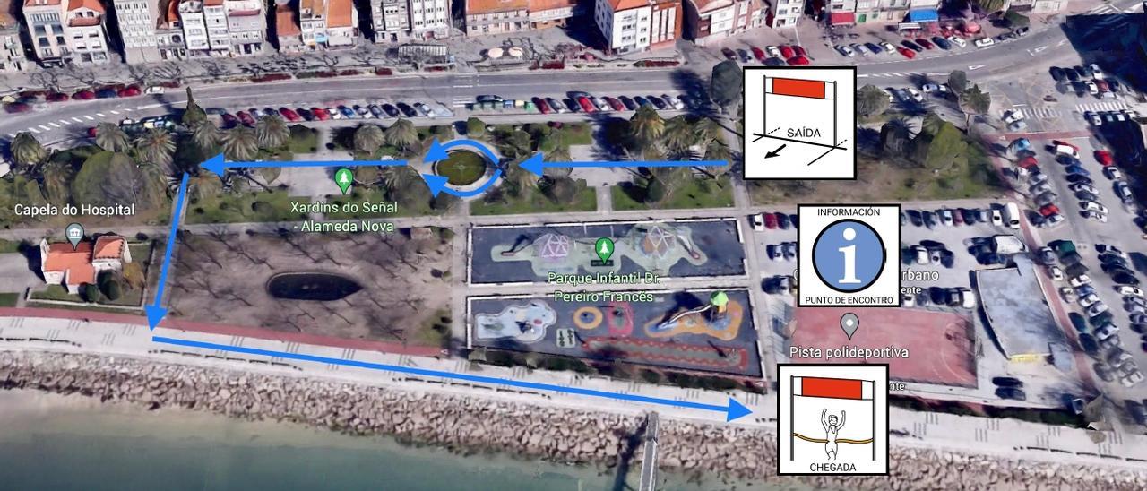 El mapa con el recorrido de la Carreira Cívica que organiza el colegio Eduardo Pondal de Cangas.