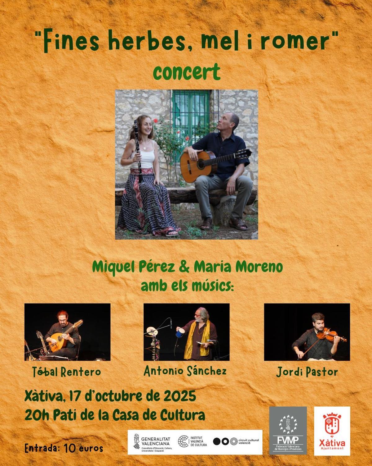 Cartel del concierto "Fines herbes, mel i romer", de Maria Moreno y Miquel Pérez en Xàtiva.