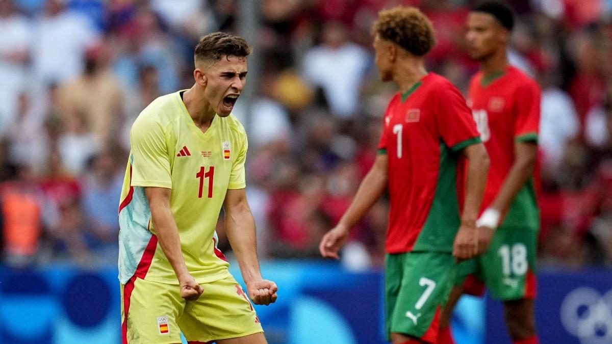 Fermín celebra su gol ante Marruecos en semifinales de los Juegos Olímpicos