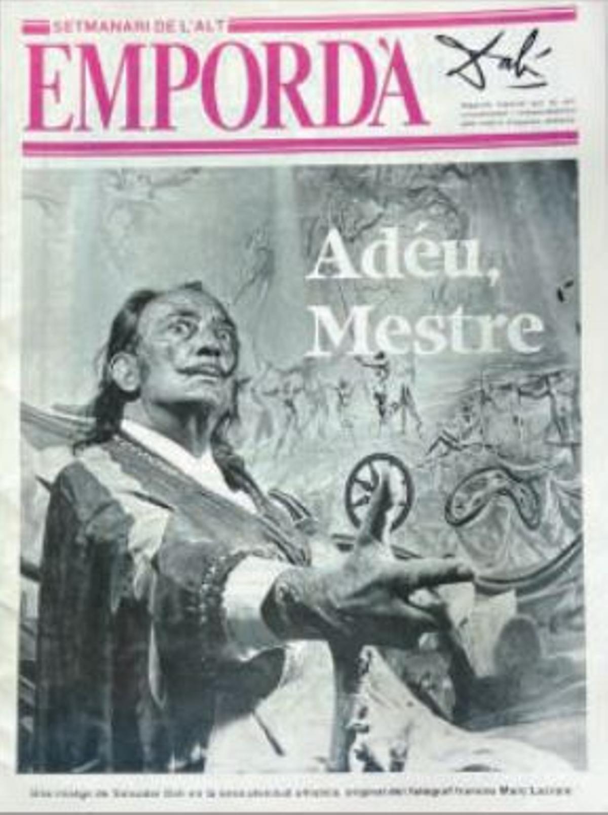 Una capçalera del setmanari Empordà parla de la mort de Salvador Dalí.