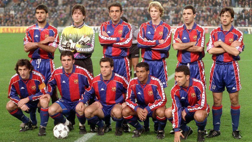 Alineación del Barça en 1995. Arriba: Guardiola, Busquets, Abelardo, Jordi Cruyff, Stoichkov e Iván Iglesias. Abajo: Bakero, Hagi, Sergi, Romario y Eusebio.