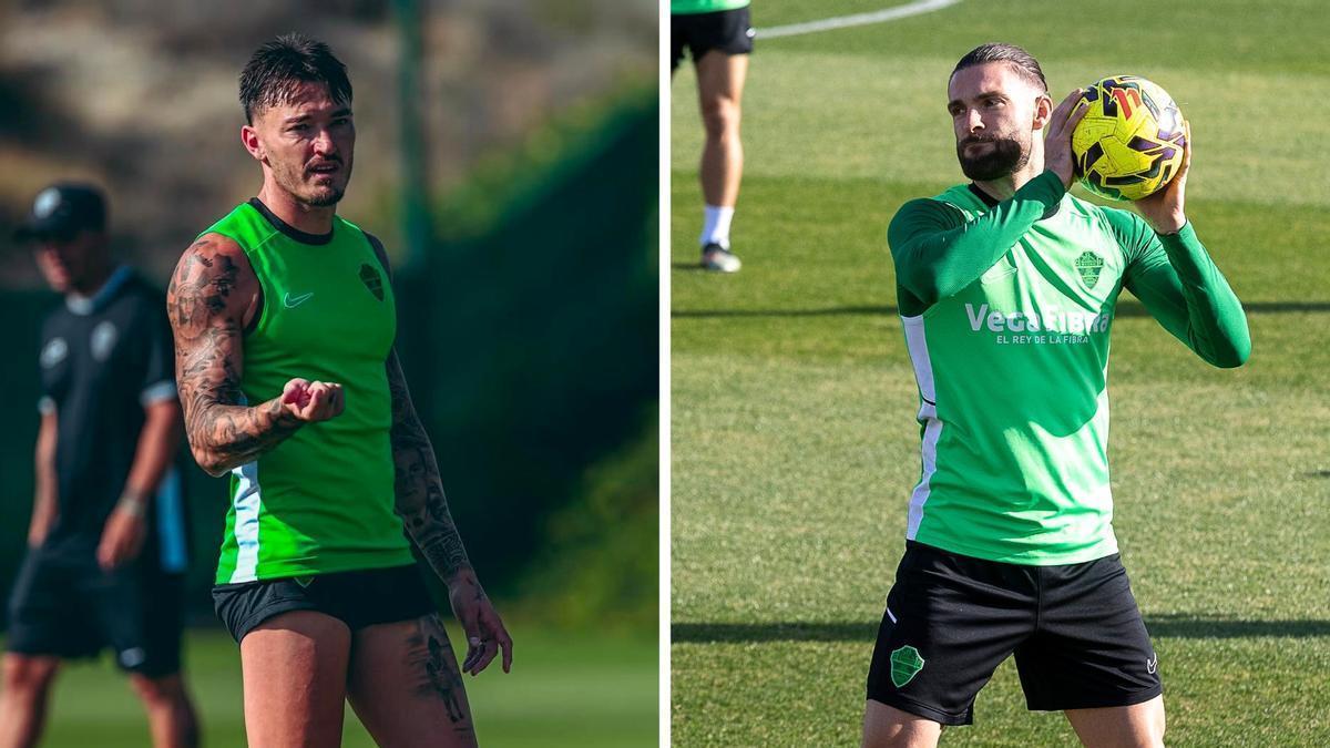 Josan, a la izquierda, y Petrot, a la derecha, durante un entrenamiento esta temporada, con el Elche.