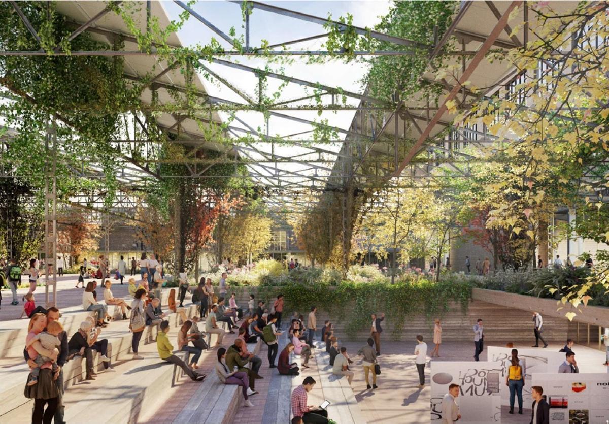 Recreación de la futura plaza semicubierta en la nave del antiguo complejo industrial de Mercedes Benz en Barcelona.