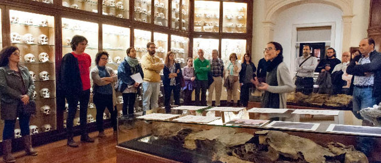 La conservadora del Museo Canario, Teresa Delgado, en el centro, durante una visita guiada en una de las salas con restos óseos y momias aborígenes.