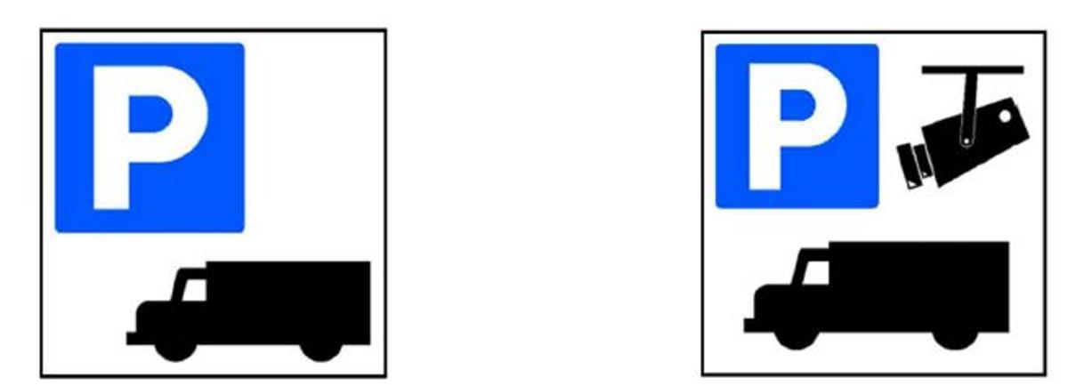 Pictogramas representativos de la presencia de zonas de descanso (derecha) y zonas de estacionamiento seguro y protegido (izquierda)