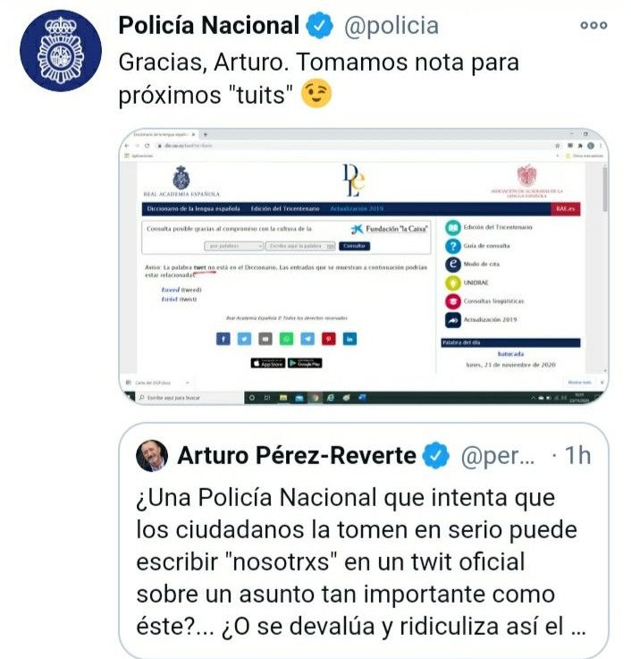 Captura de la respuesta de la Policía Nacional a Pérez Reverte, tuit que finalmente borró.