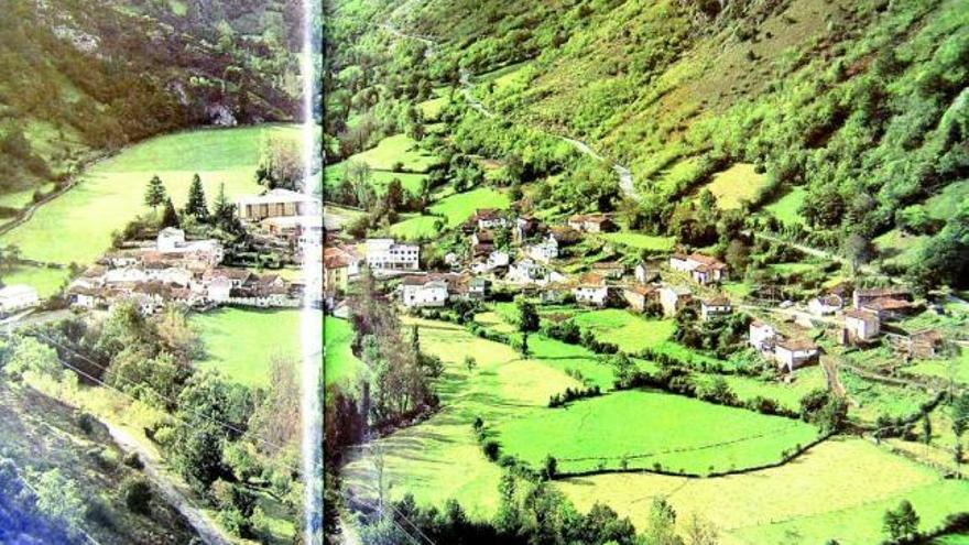 Evolución de la capital del concejo. En las fotografías se puede apreciar la evolución con los años de la capital del concejo. A la izquierda se ve Pola en los años ochenta, en una foto publicada en un libro de Ángel Rodríguez. A la derecha, la misma fotografía pero tomada en la actualidad, donde se ven las piscinas, el recinto ferial, el centro de interpretación y nuevas construcciones.