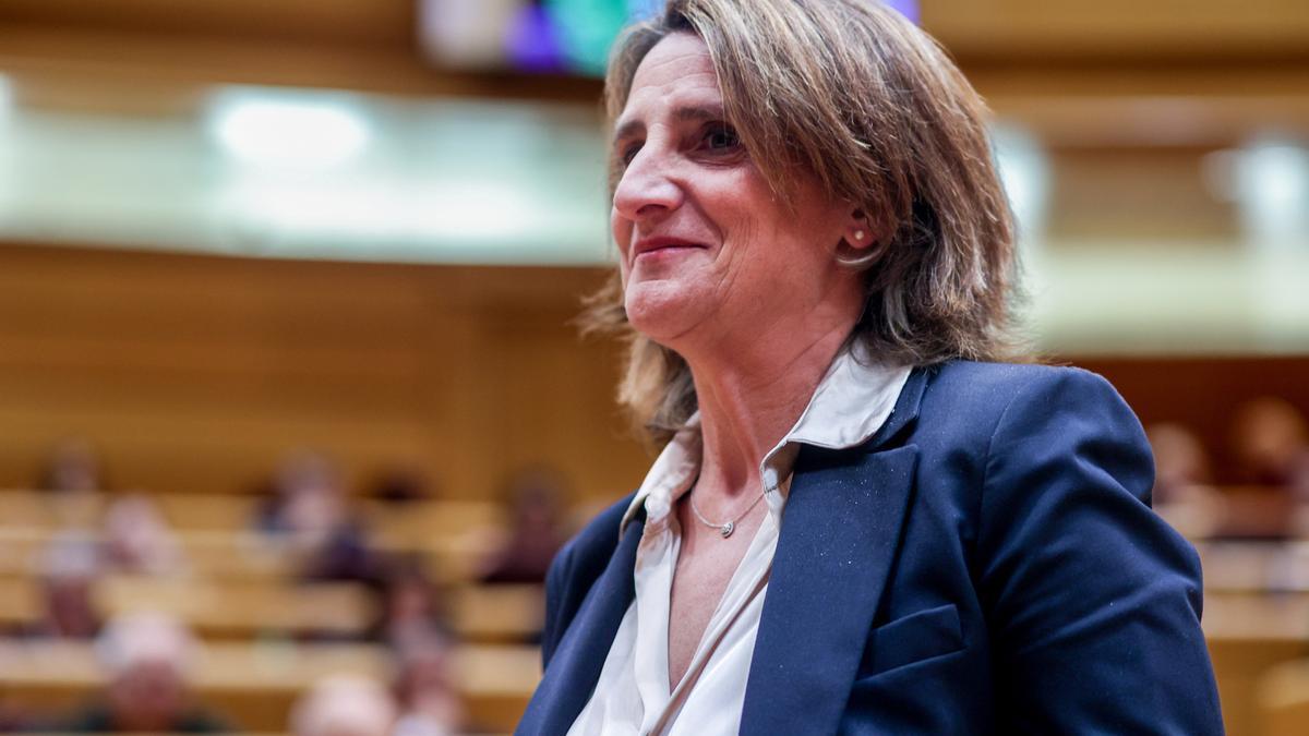 La vicepresidenta tercera y ministra para la Transición Ecológica y el Reto Demográfico, Teresa Ribera, durante una sesión de control al Gobierno, en el Senado, a 9 de abril de 2024, en Madrid (España).