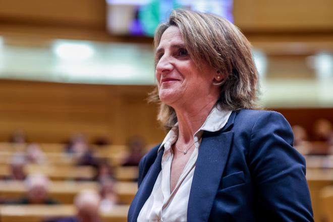 La vicepresidenta tercera y ministra para la Transición Ecológica y el Reto Demográfico, Teresa Ribera, durante una sesión de control al Gobierno, en el Senado, a 9 de abril de 2024, en Madrid (España).