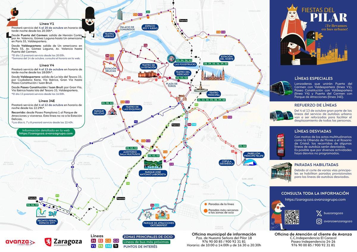 Mapa del bus urbano de Zaragoza para las Fiestas del Pilar.