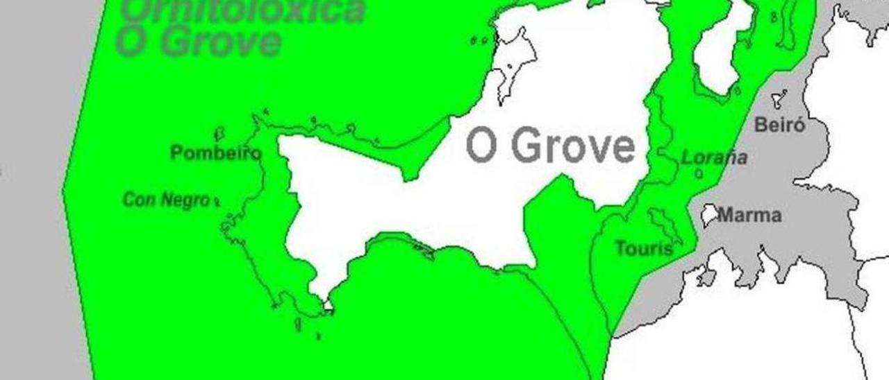 Mapa en el que se aprecia la zona delimitada como Reserva Ornitolóxica de O Grove. // PIO