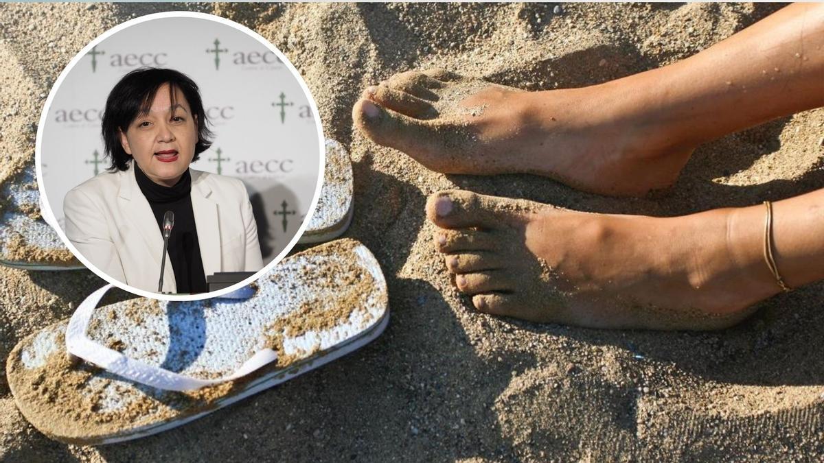 Belén Fernández en el círculo sobre el fondo de los pies de una persona en la playa