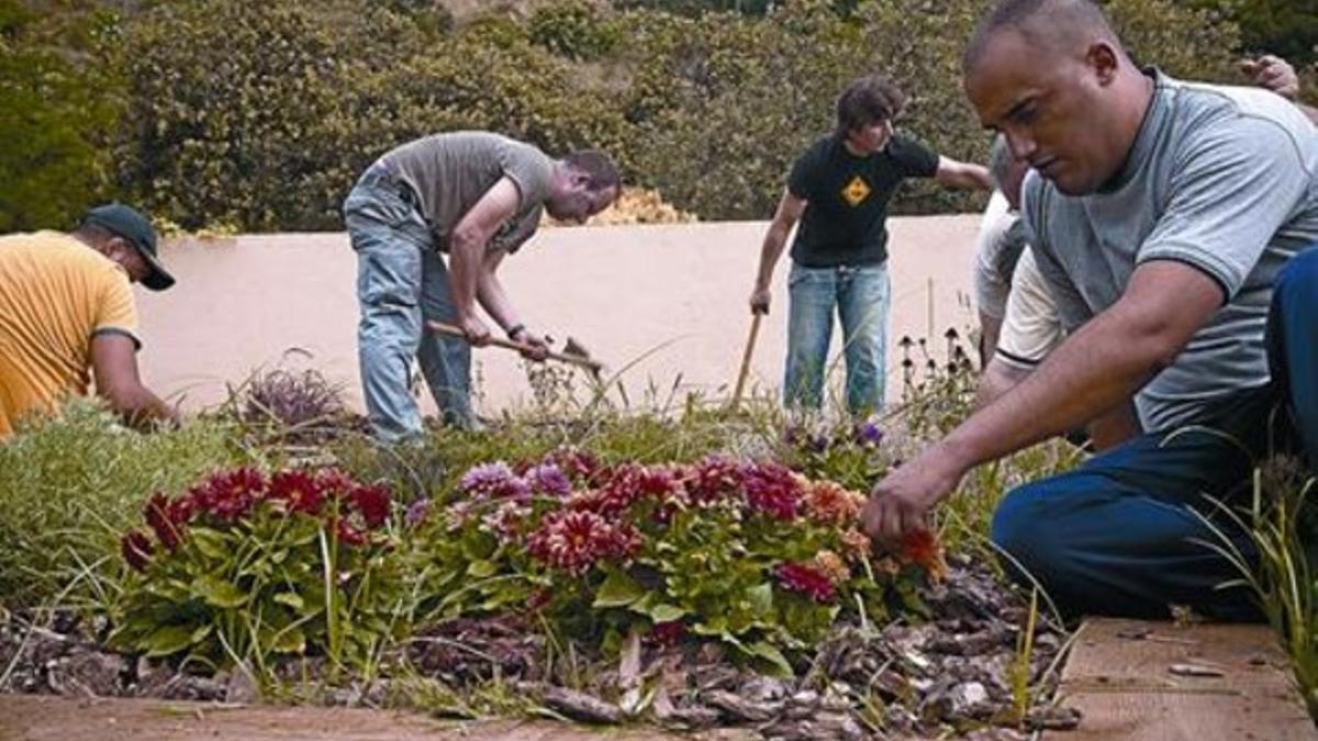 Jardineros 8 Usuarios de la Fundació Tres Turons arreglan parterres y el entorno de Can Soler.