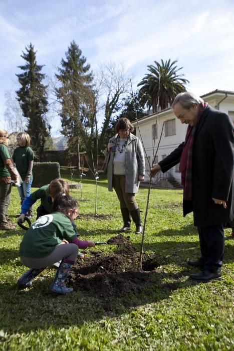 Los alumnos del colegio de Tudela Veguín y el alcalde de Oviedo, Wenceslao López, participan en la plantación de árboles de la fábrica de cemento