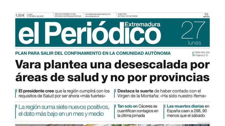 Esta es la portada de EL PERIÓDICO EXTREMADURA correspondiente al día 27 de abril del 2020