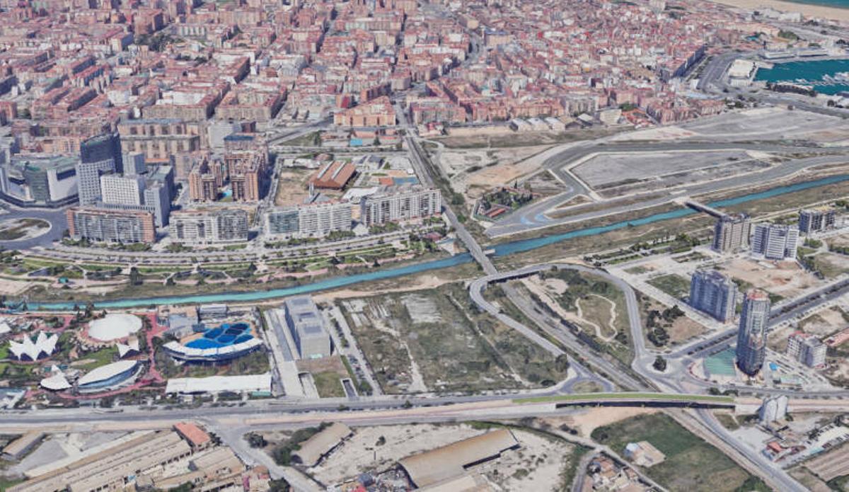 Panorámica de los barrios de Penyarroja, Grao y Moreras con la barrera de las vías del tren y el soterramiento que acaba en la calle Ibiza
