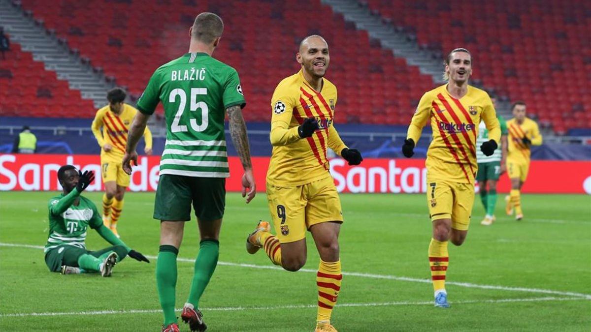 Braithwaite celebra su gol con el Barça ante el Ferencvaros