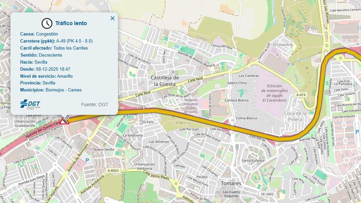 Aviso de tráfico lento de la DGT en la A 49 a la altura de Camas