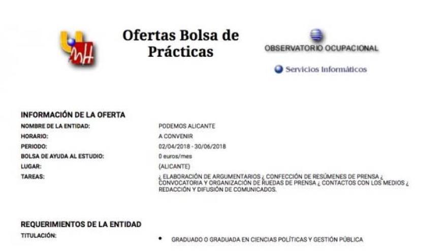 Podemos oferta en Alicante empleos para universitarios sin cobrar y luego la retira