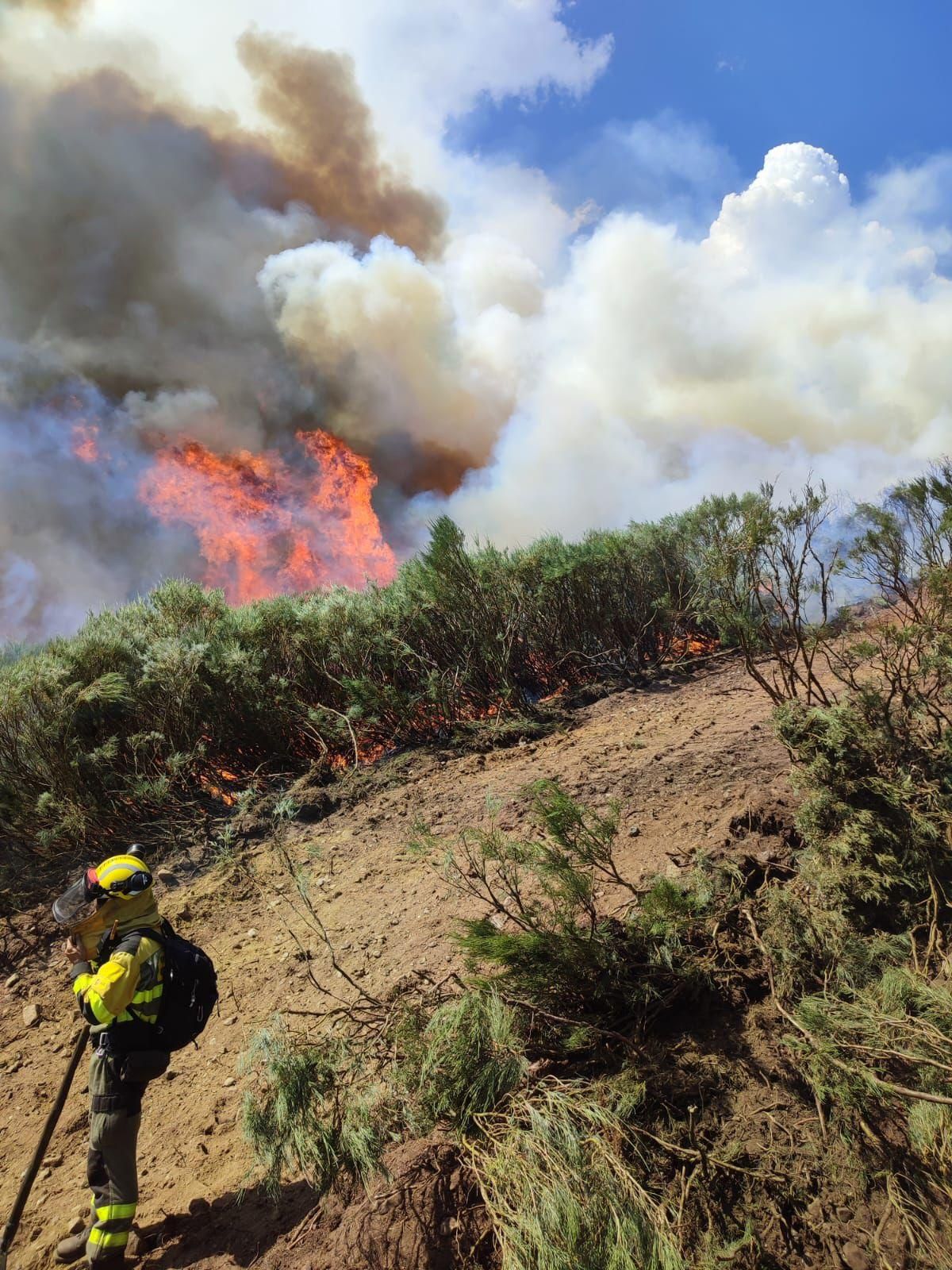 Un bombero del operativo que trata de apagar el incendio de Fasgar, en León.