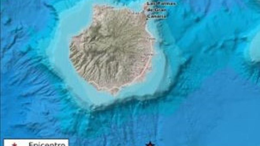 La estrella roja señala el epicentro del terremoto de 3,1 grados producido en la madrugada de hoy al sureste de Gran Canaria.