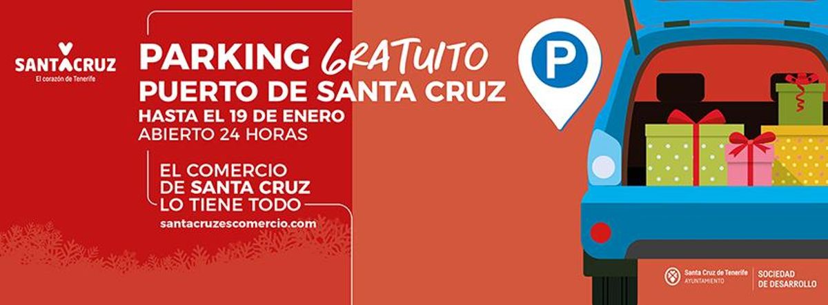 Cartel promocional del aparcamiento gratuito en Santa Cruz.