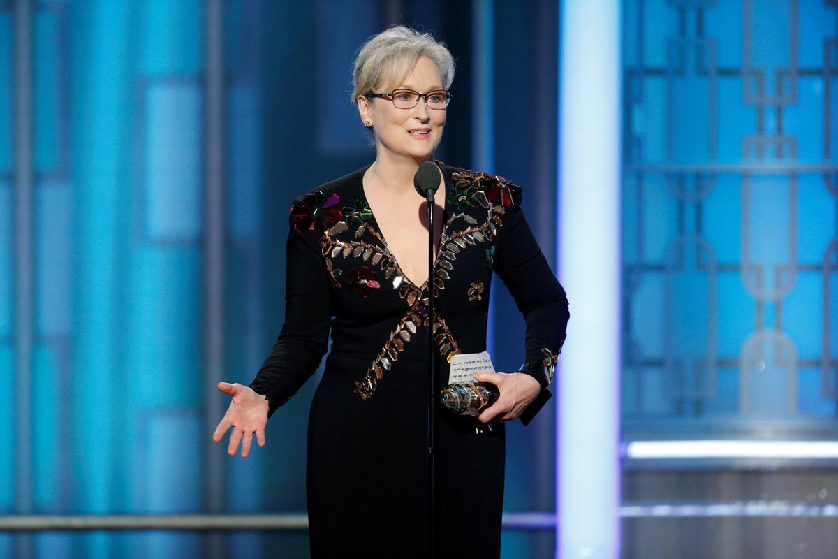 Actress Meryl Streep accepts the Cecil B. DeMille Award during the 74th Annual Golden Globe Awards show in Beverly Hills, California, U.S., January 8, 2017. Paul Drinkwater/Courtesy of NBC/Handout via REUTERS   ATTENTION EDITORS - THIS IMAGE WAS PROVIDED BY A THIRD PARTY. NO RESALES. NO ARCHIVE. For editorial use only. Additional clearance required for commercial or promotional use, contact your local office for assistance. Any commercial or promotional use of NBCUniversal content requires NBCUniversal’s prior written consent. No book publishing without prior approval.