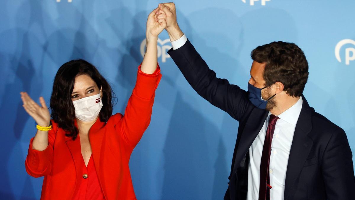 Isabel Díaz Ayuso y Pablo Casado celebrando los resultados de las pasadas elecciones en la Comunidad de Madrid.