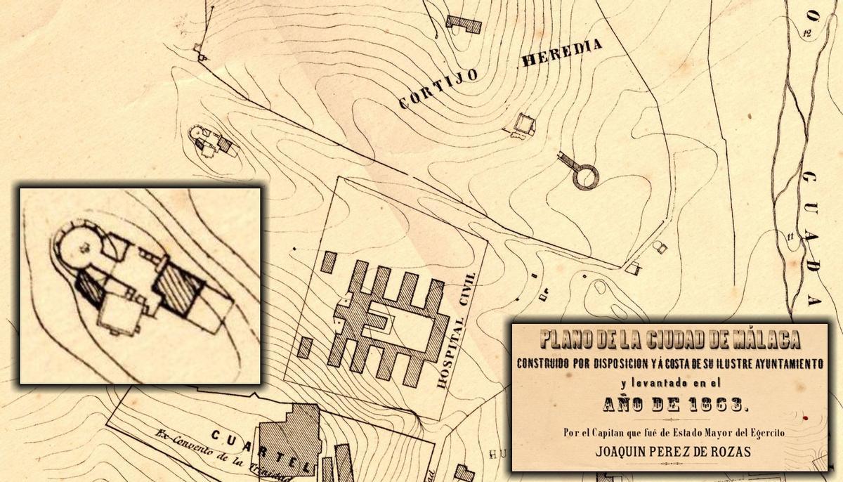 La noria junto al Hospital Civil, en el plano de Málaga de 1863.