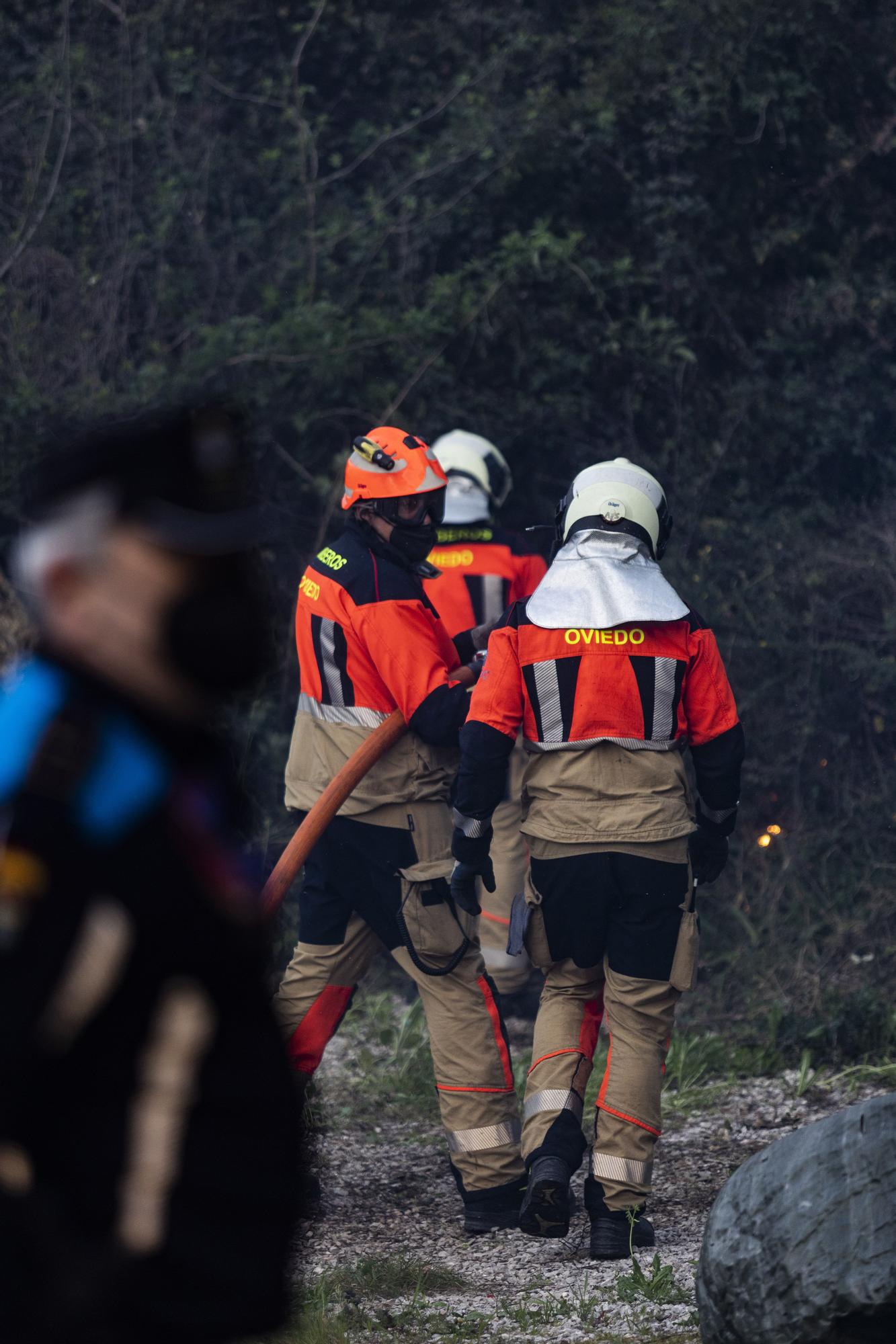 Los bomberos trabajan en el monte Naranco contra las llamas