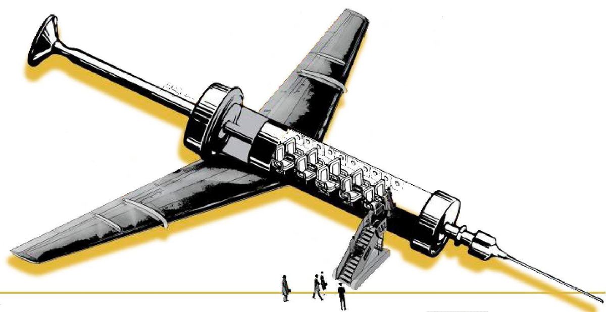 Infografía con un avión en forma de jeringuilla.