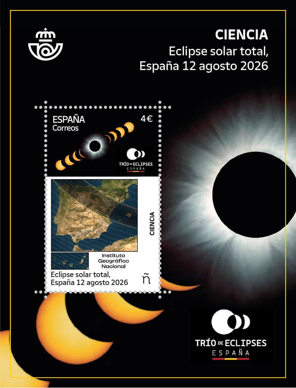 Sello editado por Correos con motivo del eclipse solar total del 12 agosto, el primero de los tres que se observarán en tres años.