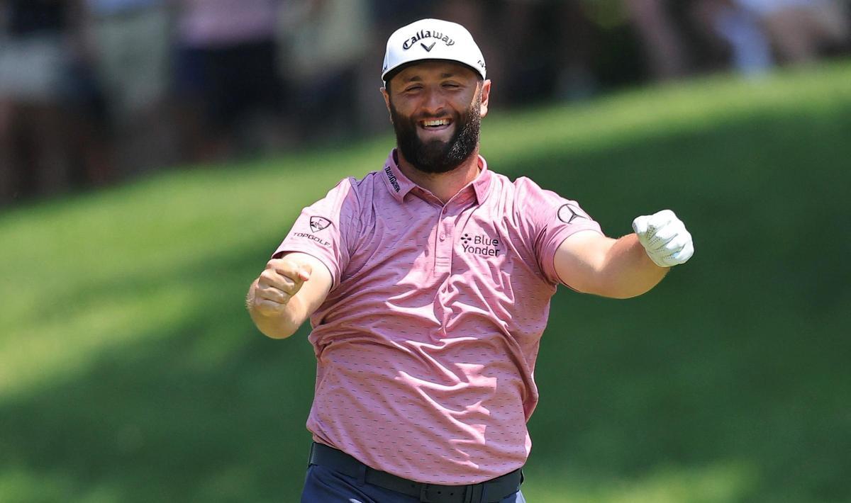 Jon Rahm celebra su eagle en la última vuelta del Memorial