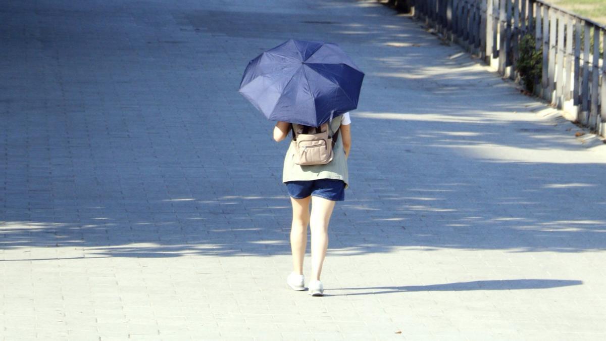 Una dona camina amb un paraigua a Lleida.