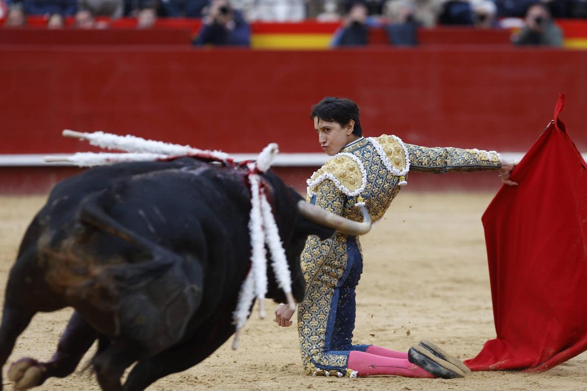 Andrés Roca Rey durante el inicio explosivo de su faena al toro de Victoriano.
