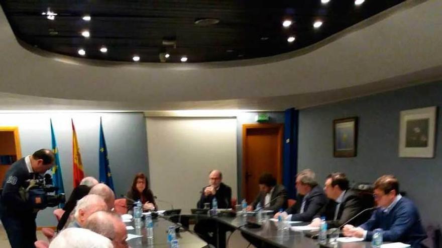 La consejera María Jesús Álvarez, presidiendo ayer (al fondo de la mesa) una reunión con los profesionales del sector lácteo en Oviedo.