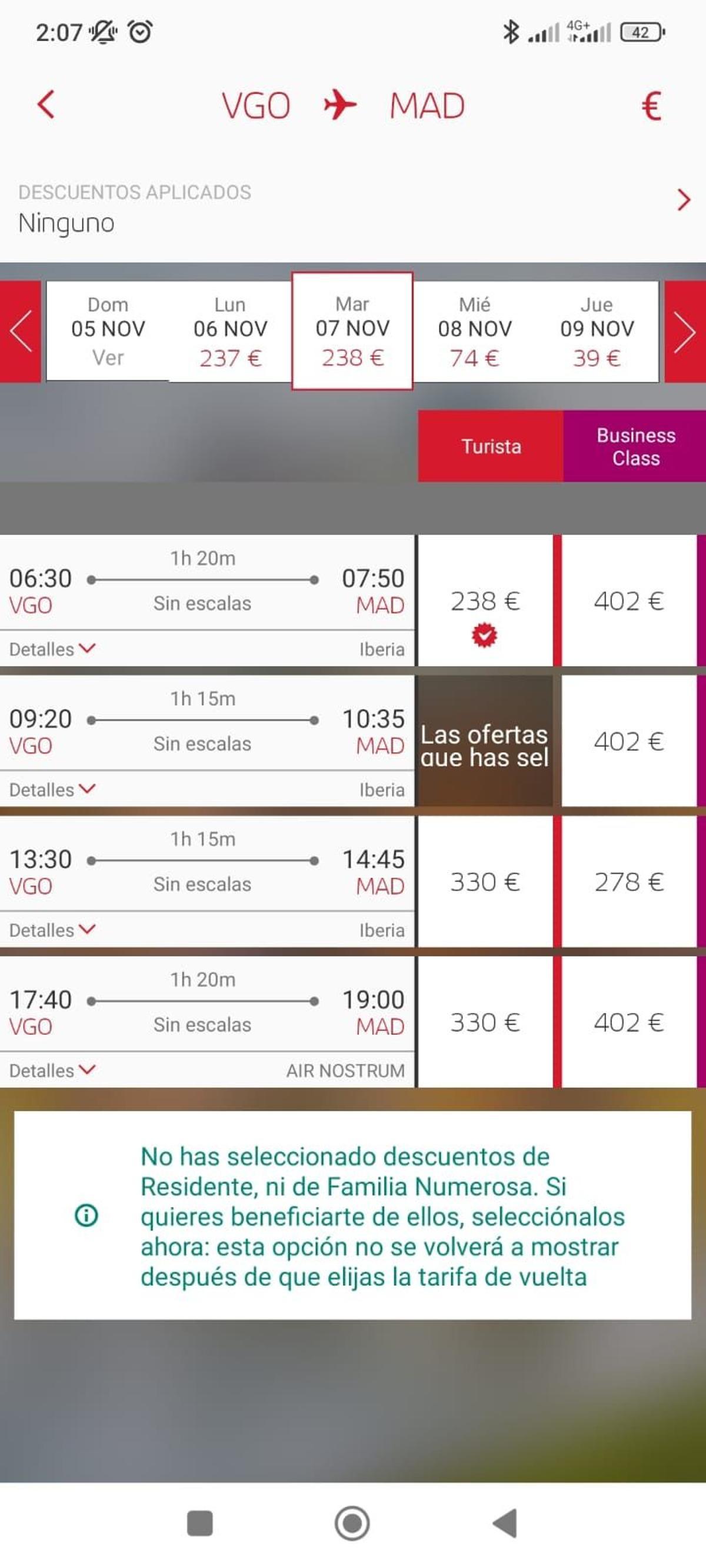 Comparativa de los precios varios días entre Vigo y Madrid con Iberia.