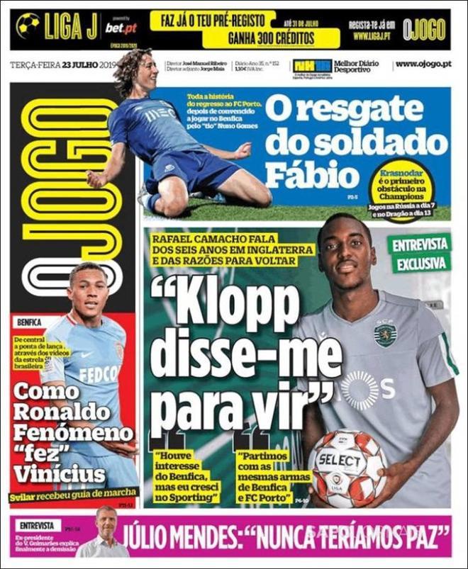 Portada de O JOGO del 23 de julio